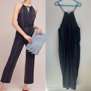 Dolan Anthropologie Navy Blue Rainbow Striped Halter Cotton Jumpsuit